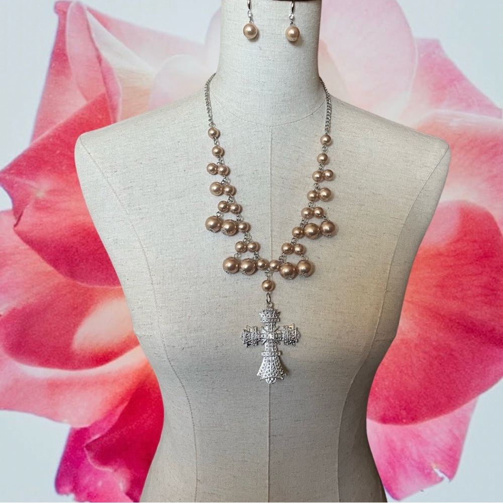 Chandelier Champagne Pearl Crystal Renaissance Cross Necklace & Earrings Set
